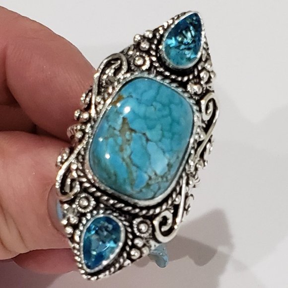 Hand Crafted Jewelry - Turquoise, Blue Topaz gemstone, 925 silver ring